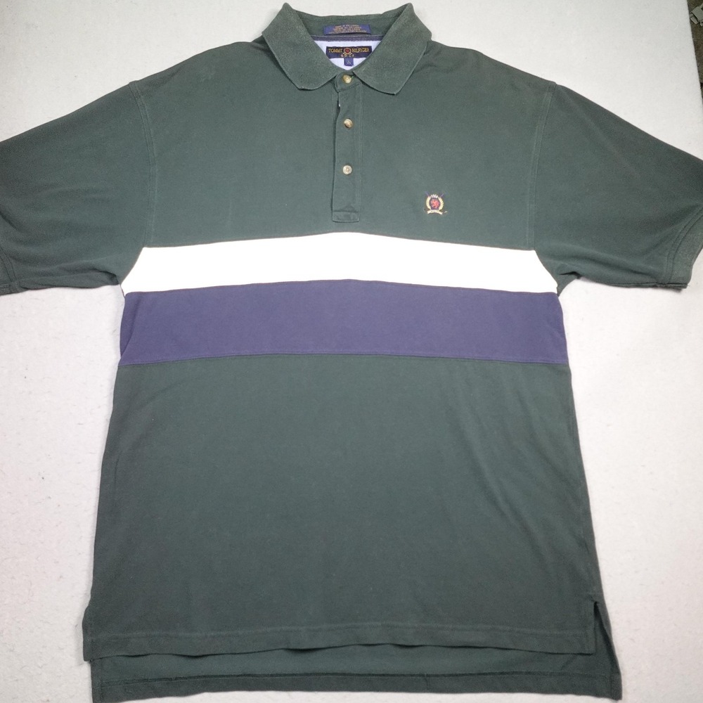 Tommy Hilfiger Polo Shirt Mens Large Green Colorblock Golf Crest Logo Stripe
